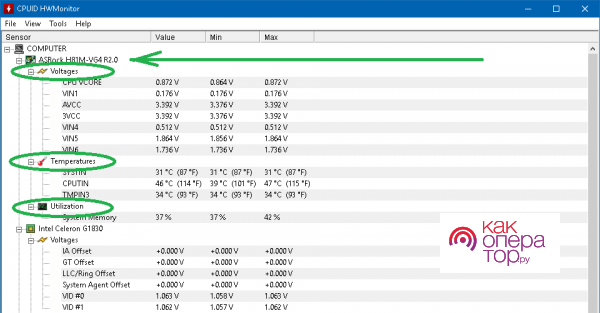 Данные материнской платы в программе CPUID HWMonitor