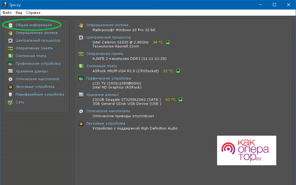 Информация о компьютере в программе Speccy